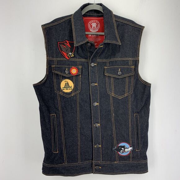 Born Fly Anytown USA Mens 2XDenim Vest Patches Biker Streetwear Grunge Moto